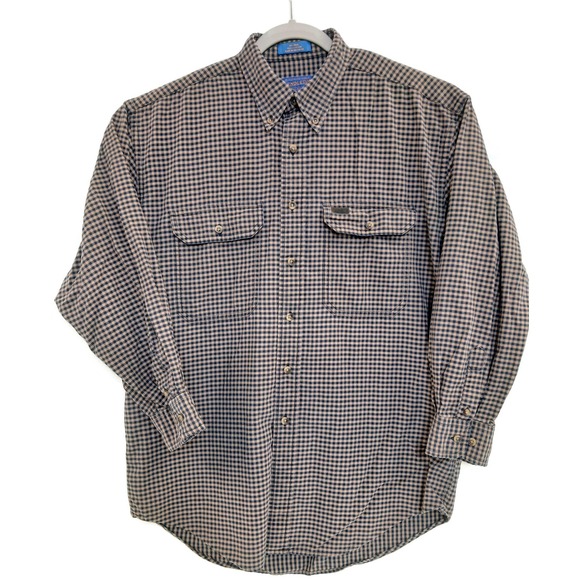 Pendleton Shirt Mens Medium Blue Tan Gingham Plaid Button Down Made in USA - Picture 1 of 6
